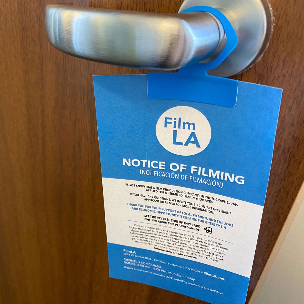 Notice of Filming on door knob
