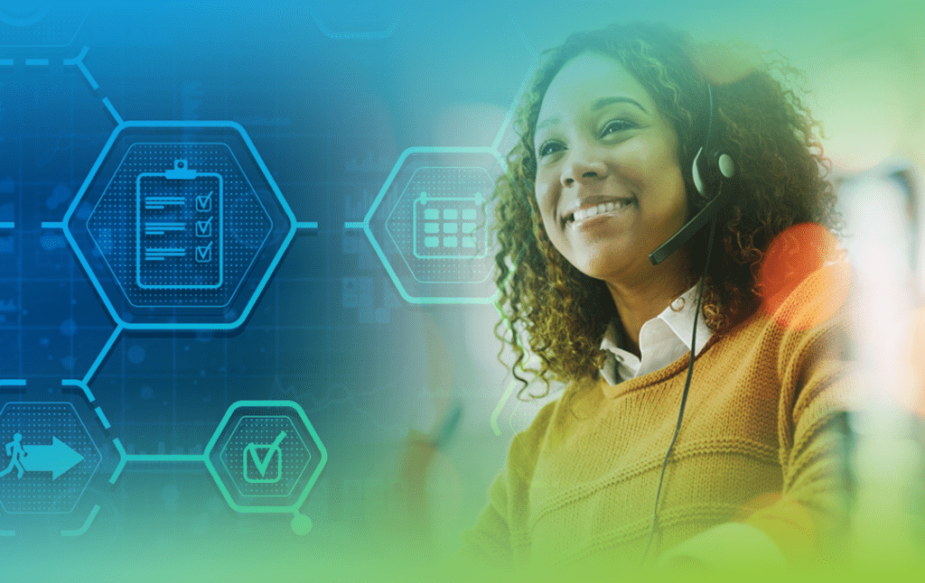 Permit Coordinator smiling with headset on and with planning icons in background